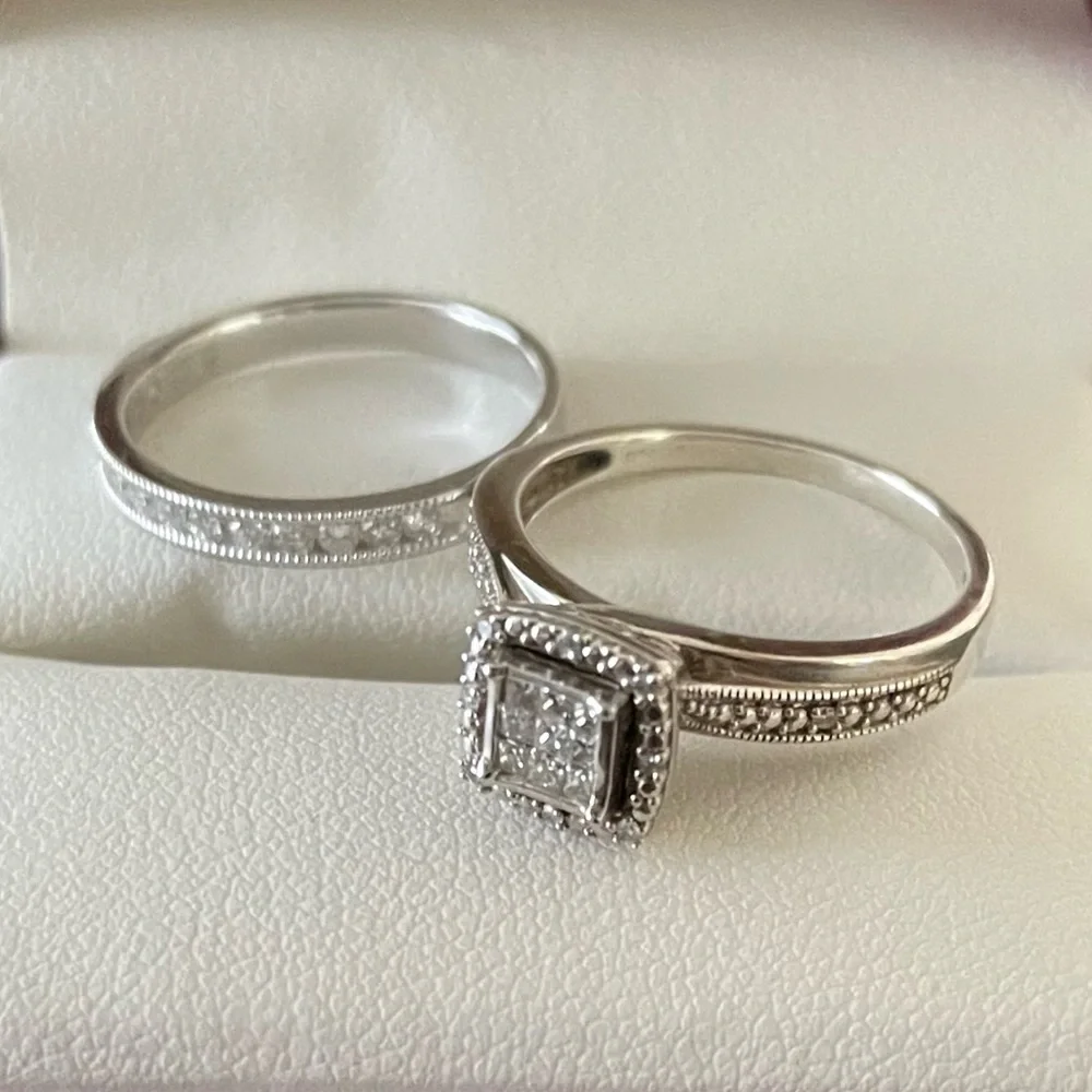 925 Sterling Silver & 14KT White Gold Diamond Engagement Ring & Wedding Band Set